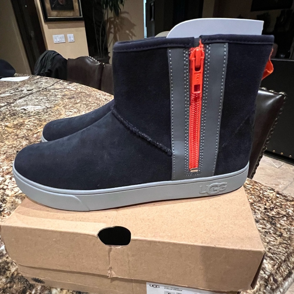 New navy blue and orange zip up Ugg boots
